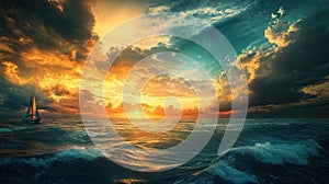 Dramatic Ocean Sunset with Sailboat