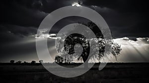 A dramatic and ominous silhouette of a stormy sky with a tree in the foreground created with Generative AI