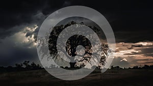 A dramatic and ominous silhouette of a stormy sky with a tree in the foreground created with Generative AI