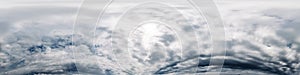 Dramatic overcast sky panorama with dark gloomy Cumulonimbus clouds. HDR 360 seamless spherical panorama. Sky dome in 3D
