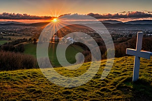 Dramatic Panorama Easter Sunday Morning Sunrise With Cross On Hill