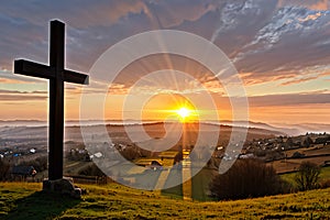 Dramatic Panorama Easter Sunday Morning Sunrise With Cross On Hill