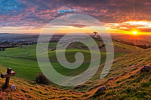 Dramatic Panorama Easter Sunday Morning Sunrise With Cross On Hill