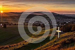 Dramatic Panorama Easter Sunday Morning Sunrise With Cross On Hill