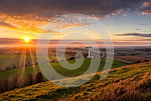 Dramatic Panorama Easter Sunday Morning Sunrise With Cross On Hill