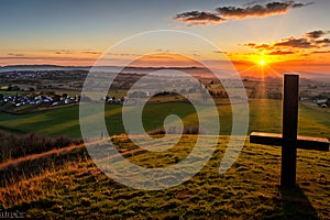 Dramatic Panorama Easter Sunday Morning Sunrise With Cross On Hill