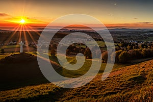 Dramatic Panorama Easter Sunday Morning Sunrise With Cross On Hill