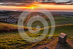 Dramatic Panorama Easter Sunday Morning Sunrise With Cross On Hill