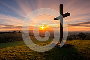 Dramatic Panorama Easter Sunday Morning Sunrise With Cross On Hill