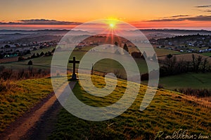 Dramatic Panorama Easter Sunday Morning Sunrise With Cross On Hill