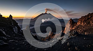 Volcanic Landscape at Sunrise: Active Volcano Emitting Smoke