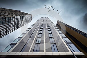 Dramatic perspective tower block modern apartment building looking up