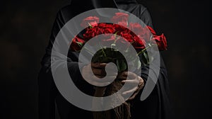 Dramatic Photo Of Black Witch Holding Bouquet Of Black Roses photo
