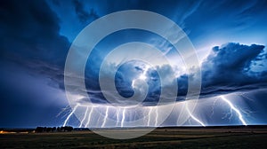 A Dramatic Photo Capturing the Majesty of a Approaching Thunderstorm with Intense Lightning Strikes. Ai generated