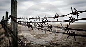 Rusty barbed wire fence under a bleak sky