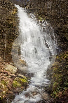 Dramatic, powerful, sunlit forest waterfall Pilj