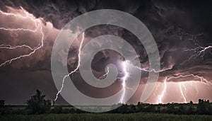 dramatic and powerful tornado. Lightning thunderstorm flash over the