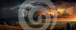 dramatic and powerful tornado. Lightning thunderstorm flash over the night sky. Generative AI