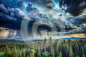 Dramatic rain clouds over forested valley