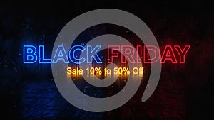 Dramatic Red And Blue Neon Light Black Friday Lettering With Reflection Light On Wet Floor Against Dark Misty Background