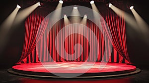 Dramatic red curtain stage with spotlights in empty theater