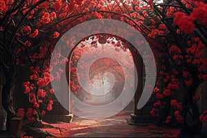 Dramatic red foliage archway in misty setting