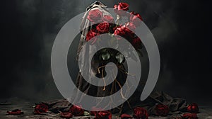 Dramatic Red Roses On Dark Surface: A Somber Religious Artwork