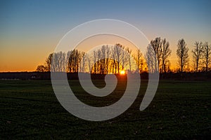 dramatic red sunset colors in the sky above trees and fields