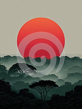 Dramatic red sunset over a misty forest silhouette.