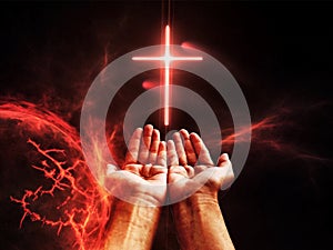 Dramatic religious background hell realm, bright lightnings in dark red apocalyptic sky, judgement day