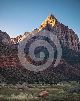 dramatic rock formations landscape taken in Zion national Park in Utah during autumn.