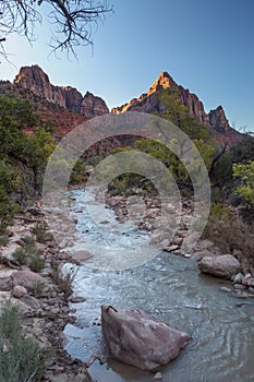 dramatic rock formations landscape taken in Zion national Park in Utah during autumn.