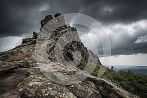 dramatic rock outcropping with stormy sky above