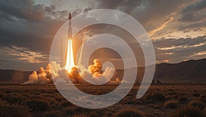 Dramatic Rocket Launch at Sunset