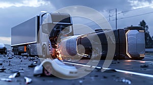 Dramatic scene of autonomous futuristic trucks collision, accident on the road