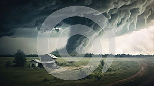 A dramatic scene depicting a tornado in close proximity to