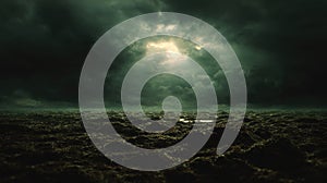 Dark Stormy Sky Over Rough Water Surface, Dramatic Light Breaking Through Clouds