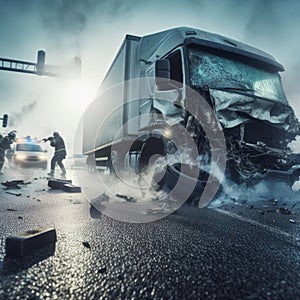 A dramatic scene of a truck accident on a misty road, with emergency responders and debris scattered.