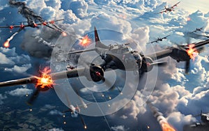 A dramatic scene of vintage warplanes in an aerial battle amidst clouds, with explosions and gunfire lighting up the sky photo