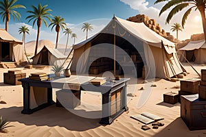 A dramatic scene where an archaeologist\'s tent stands boldly in a desert at noon photo