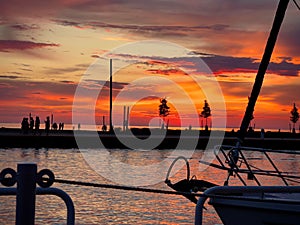 Dramatic scenery of a beautiful sunset at Port Dalhousie Pier Marina, St. Catharines, Canada