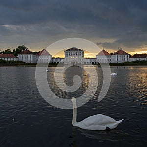 Dramatic scenery of post storm sunset of Nymphenburg palace in Munich Germany.