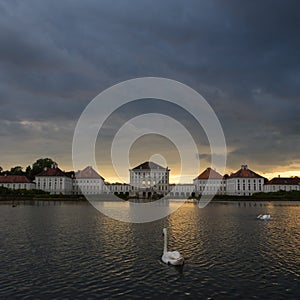 Dramatic scenery of post storm sunset of Nymphenburg palace in Munich Germany.