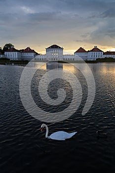 Dramatic scenery of post storm sunset of Nymphenburg palace in Munich Germany.