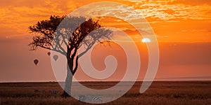 Dramatic scenery of sunset over the grassland with grazing zebras in Kenya, Africa