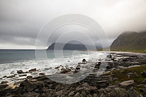 Dramatic scenery on the Uttakleiv beach, Norway