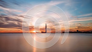 Dramatic scenic landscape at sunset in Saint Petersburg, Russia with Gazprom tower photo