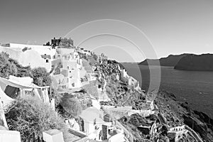 Dramatic sea clifftop view from picturesque Oia town Santorini island