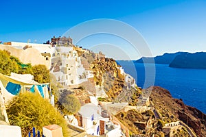 Dramatic sea clifftop view from picturesque Oia town Santorini island