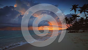 Dramatic sea sunrise over tropical island beach with exotic coconut palm trees